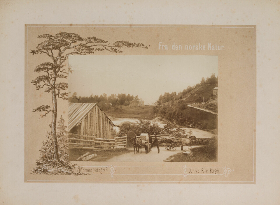 UBB-BS-FOL-01638-001: Landskapsbilde på albuminpapir, montert på en dekorert papplate. Ca. 1890. Foto: Johan von der Fehr.