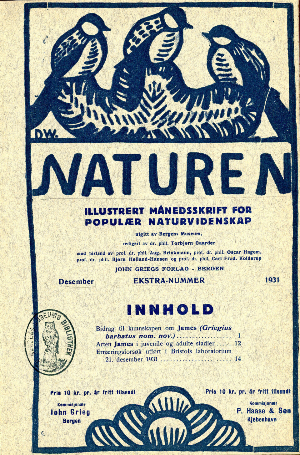 Spesialutgave av tidsskriftet «Naturen», desember 1931. Uhøytidelig festskrift til James Griegs 70-årsdag- Manuskript- og librarsamlingen, UBB.