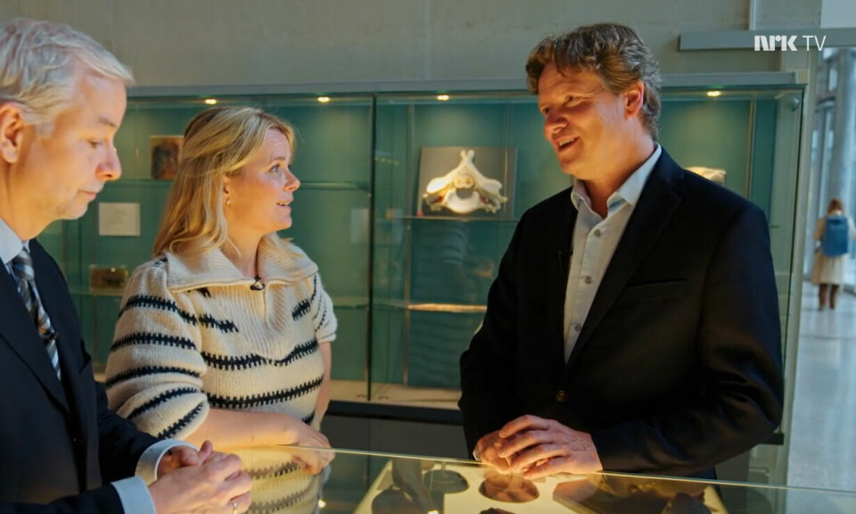Geir Olve Skeie (til høyre) og forskarkollega Stefan Kölsch blir intervjua av Ingrid Gjessing Linhave i NRK-serien 'Demenskoret'.