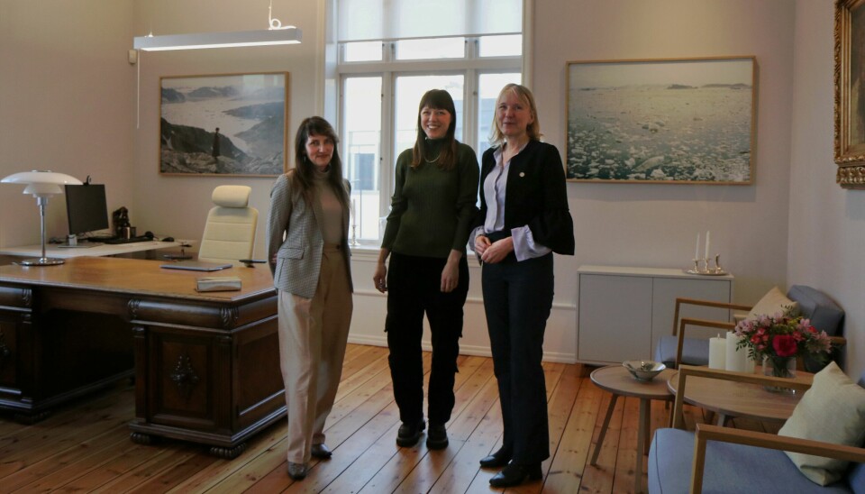 Fra venstre: leder av estetisk utvalg ved UiB, Anne-Helen Mydland, kunstner Tonje Bøe Birkeland og UiB-rektor Margareth Hagen foran de nye samtidsverkene på kontoret.