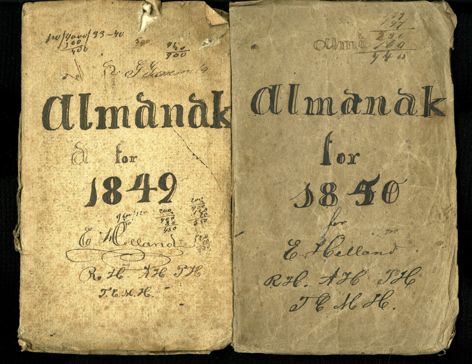 Velbrukte heimelaga almanakkar, laga og kladda på av Enoch Helland, 1849-1850.