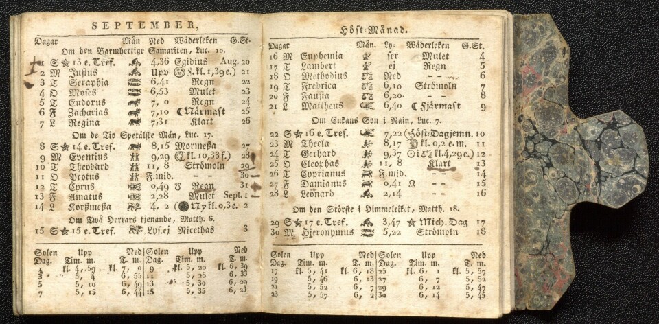 Mange almanakker inneholdt også ambisiøst nok langtidsvarsel for været. Her ser vi i en almanakk for Stockholm fra 1822 værmeldingen for september, med understrykning to av dagene, 'regn' og 'klart', kan hende det var disse dagene værmeldingen stemte?