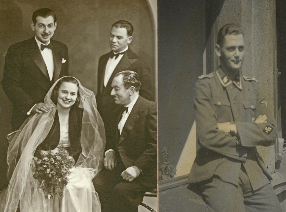 Foto til venstre: Edith og Hans Reichwald, viet hos Byfogden i Bergen 21. november 1939. Hennes onkel Herschel Rabinowitz bak til høyre. Faren Moritz Rabinowitz til høyre. Bildet er kanskje tatt etter en seremoni i Det Mosaiske Trossamfund i Oslo. Foto til høyre: Wolfgang ?, Oberschaführer i SS, Oslo 1945.