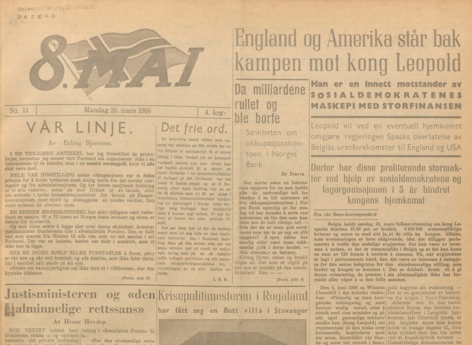 Utsnitt av forsiden til avisen 8. mai, 20. mars 1950.