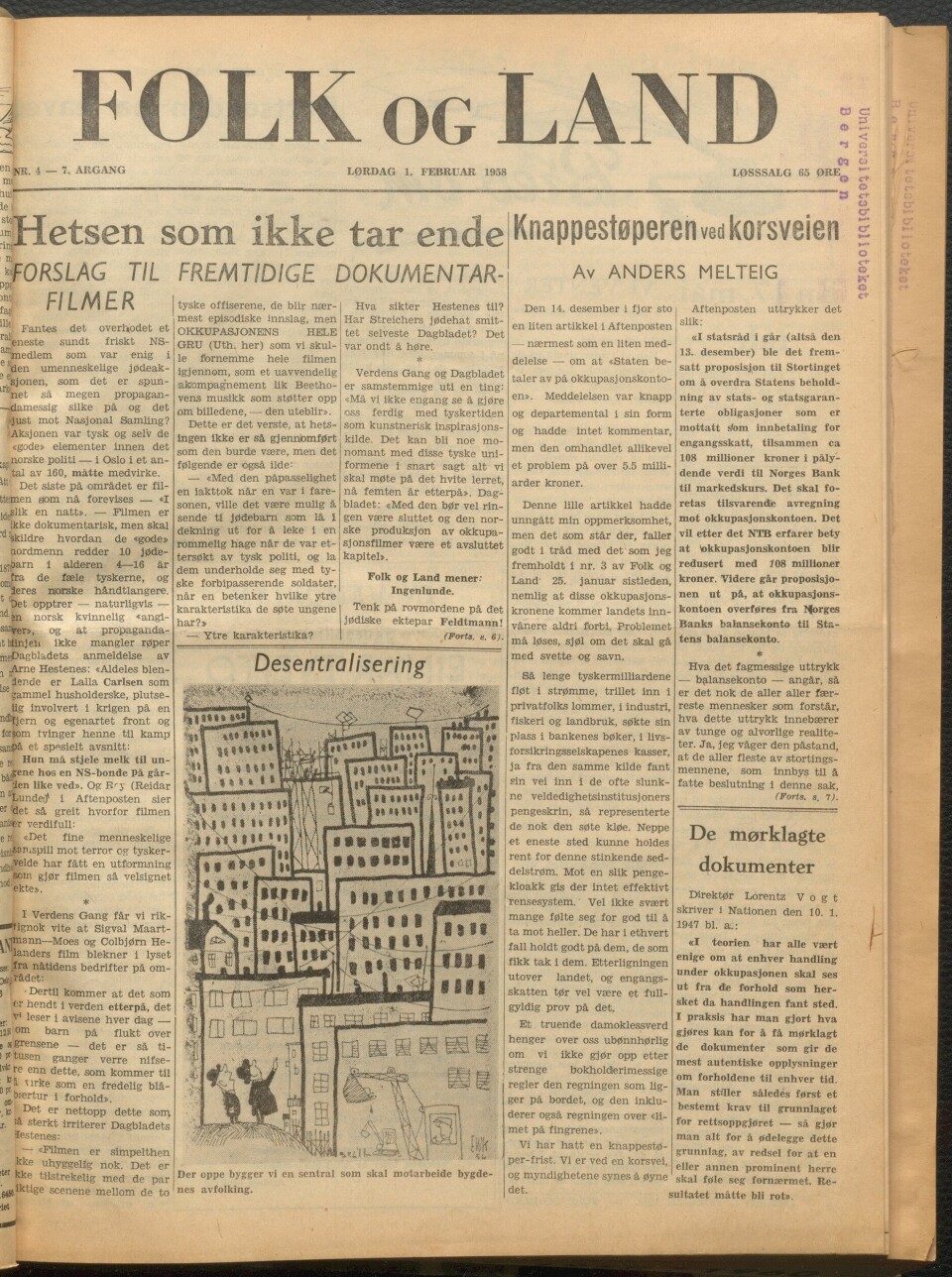 Forside fra Folk og Land, 1. februar 1958.
