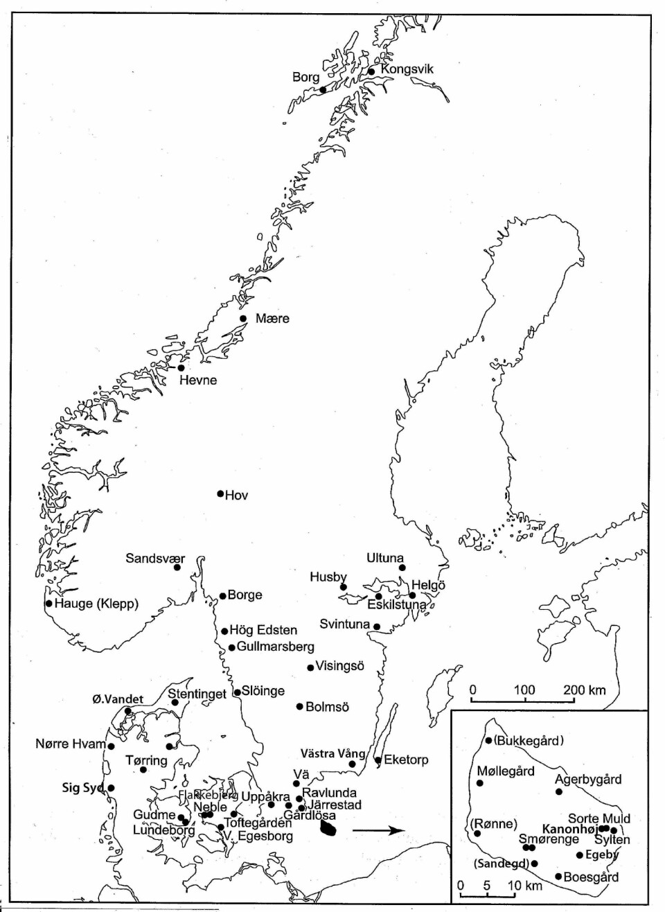 Utbreiinga av gullgubbar i Skandinavia. Legg merke til samanfallet af gullgubbefunn med stadnamn på gamalnorsk hof.