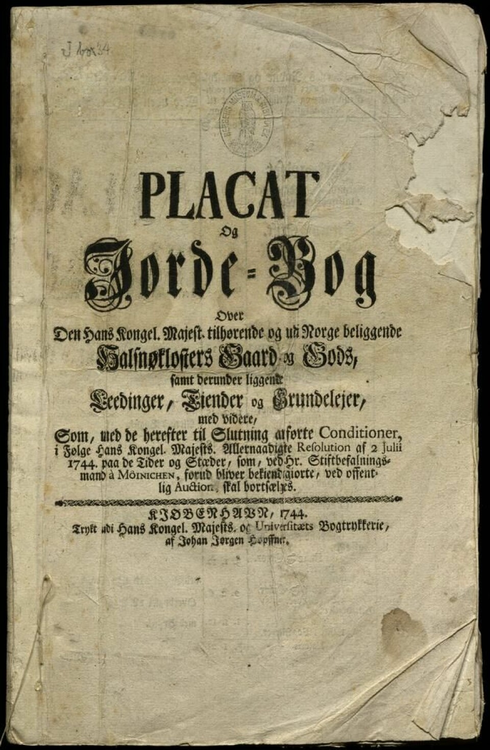 Placat og Jorde-Bog datert 1744. København.