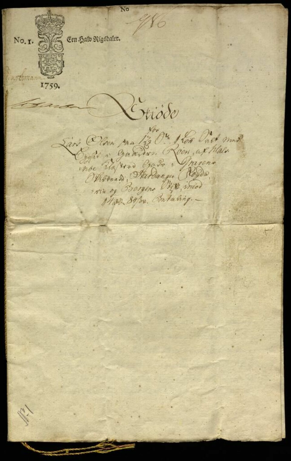 Diplom datert 1758, 5. desember. Kjøbenhavn
