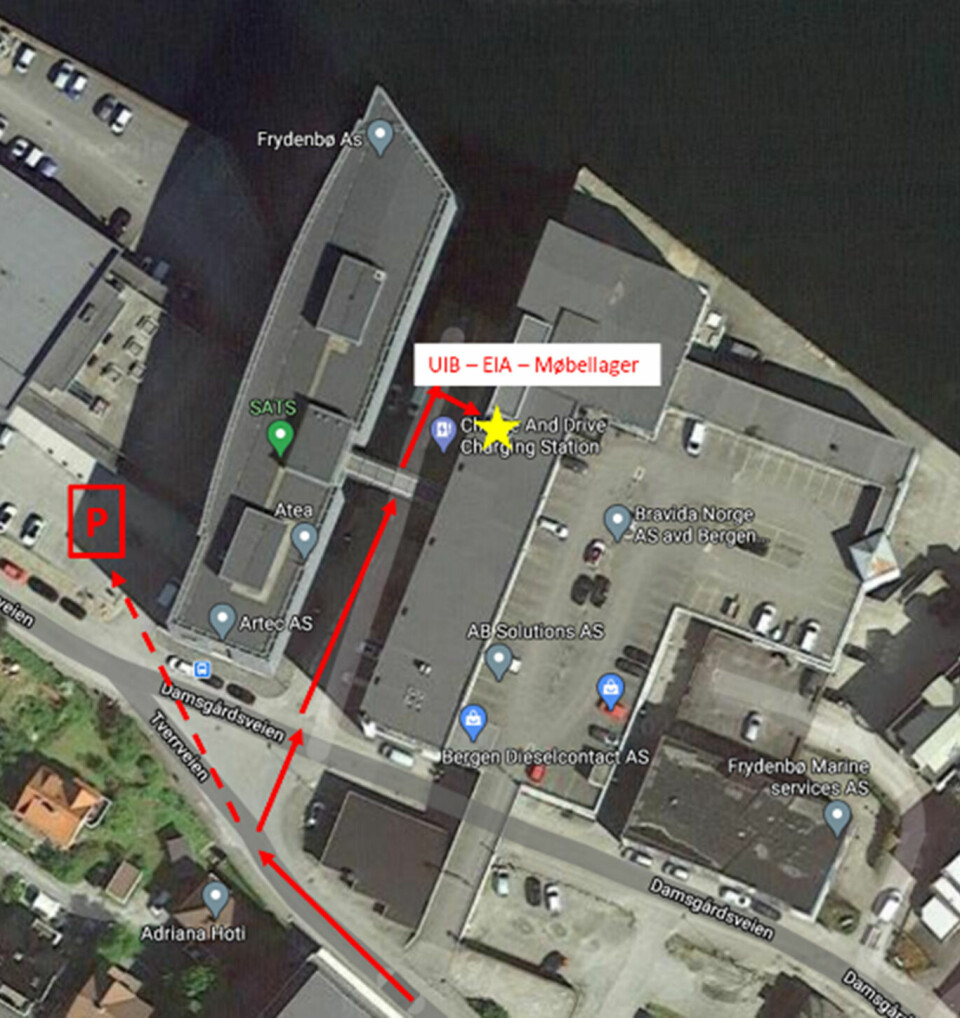 Kart til UiBs møbellager i Damsgårdsveien 131
