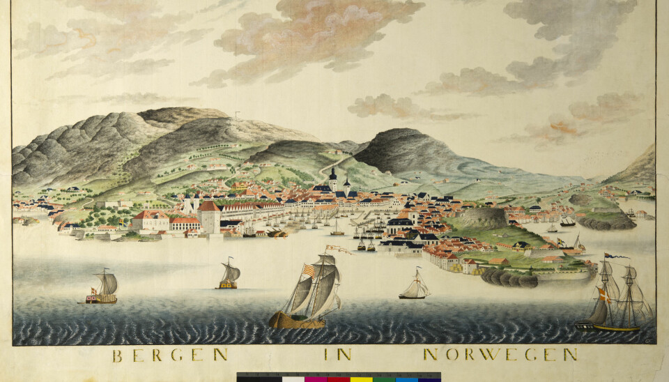 Christie si utanlandsreise i 1823 skulle få store følgjer for den gamle handelsbyen ved Vågen. Samtidig prospekt av Bergen, måla av Catharina Hermine Kølle. Eigar: Universitetsmuseet i Bergen.