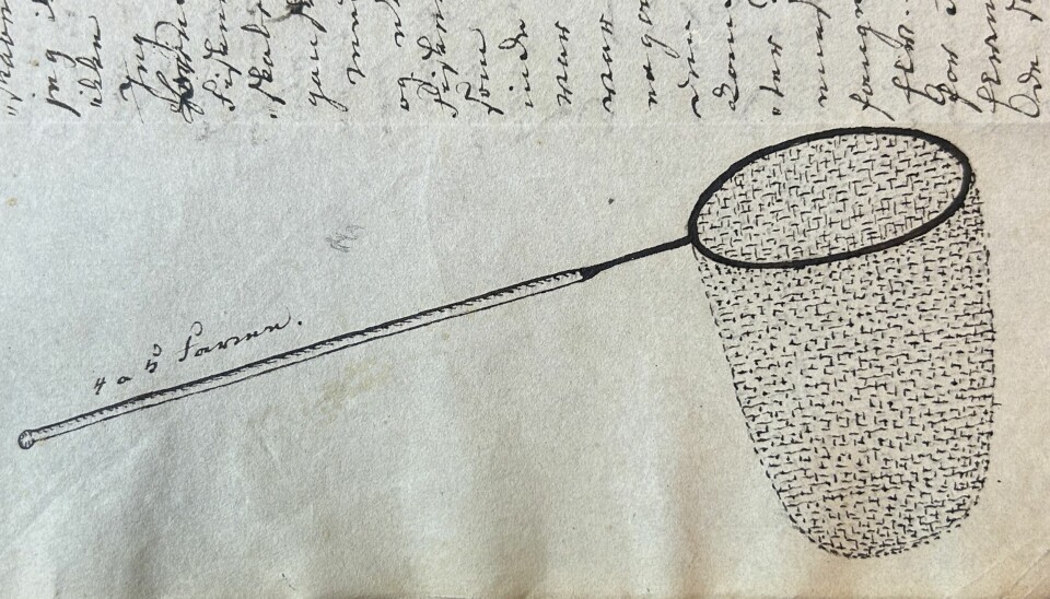 Figur 3. Den observante Christie: Målsett teikning av ein hov som vart nytta til å fange laks i Fotlandselva ved Egersund.