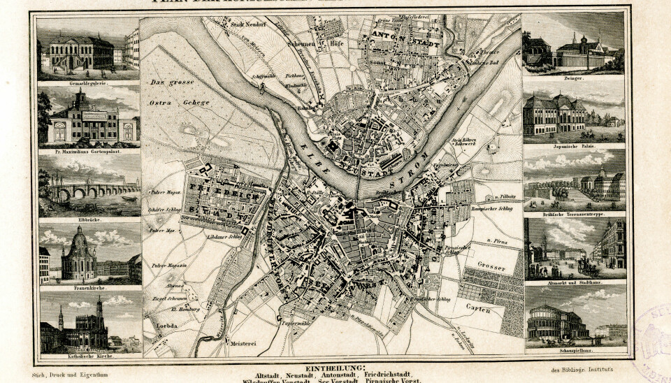 Planteikning av Dresden med sentrale bygningar som Christie vitja. J.Meyer,1854. UBB.