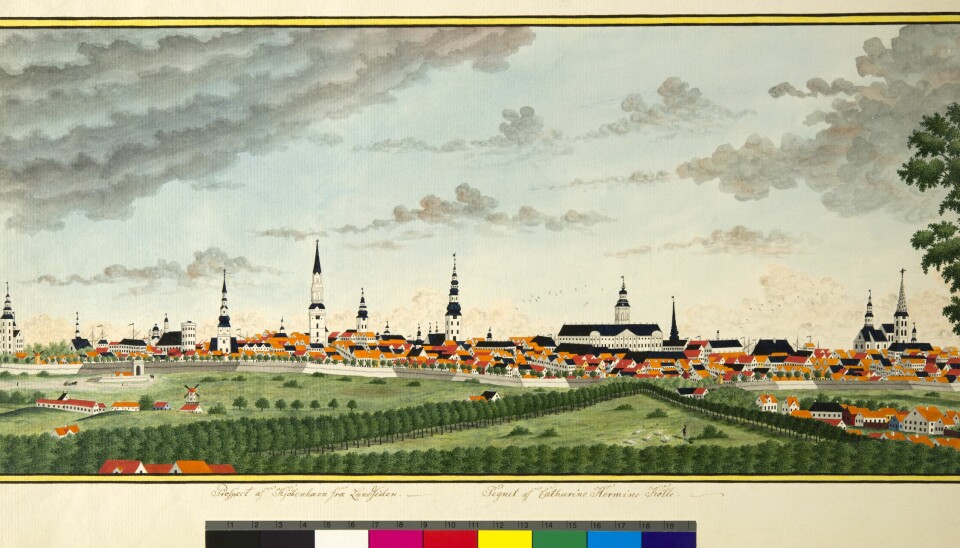 Prospekt av København frå landsida med Trinitatis kyrke og Rundetårnet til venstre i bilete. Måla av Catharina Hermine Kølle ca. 1826, Universitetsmuseet i Bergen.