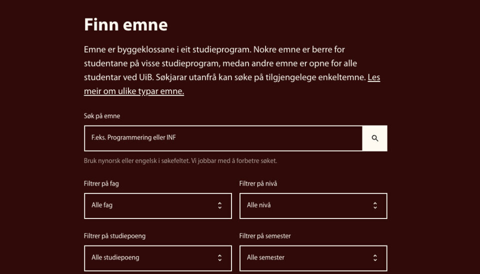 De nye emnesidene på uib.no har fått mange endringer. De er flyttet over på oppgradert teknisk rammeverk, fått ny grafisk profil og har bedre søkefunksjoner.