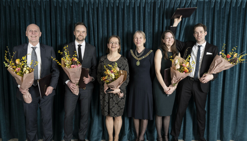 Vinnere av Meltzerprisen: Professor Nikolai Østgaard, professor Eirik Holmøyvik, professor Nina Langeland, rektor Margareth Hagen, forsker Ellen Christine Røyrvik og professor Christian Haug Eide.