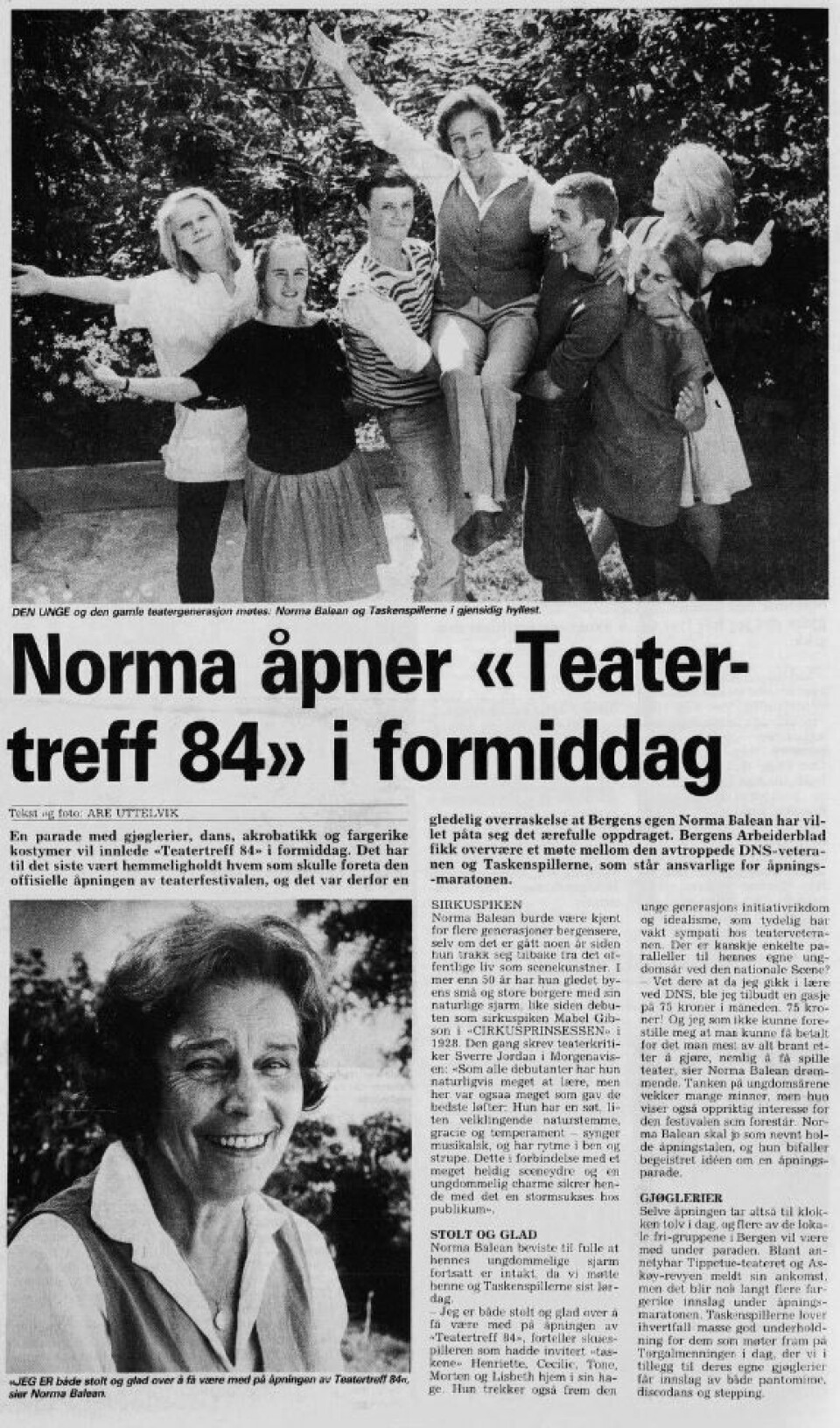 Reportasje rundt åpningen av Teatertreff ’84. Med Norma Balean på fremsiden. Bergen Arbeiderblad 29. august i 1984.