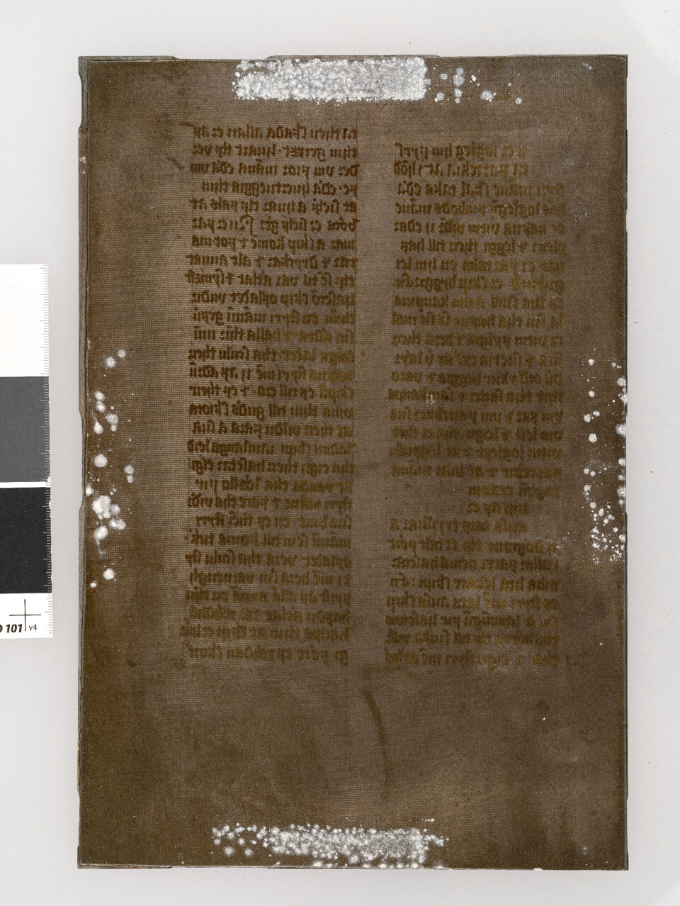 Trykkplate for manuskript Oslo Bylov, AM 305 fol., 85r med slitasje påført av lim fra pakkinga som trakk seg gjennom.
