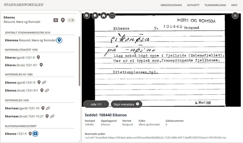 Døme på ei biletevisning av ein skanna kartoteksetel frå Bustadnamnregisteret. Setelen sine metadata blir vist under biletet og nedst viser namnelokaliteten si plassering.