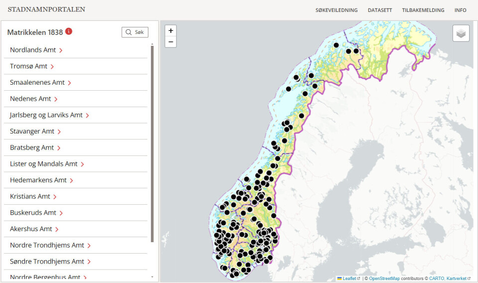 Inngangen til den hierarkiske registervisninga av Matrikkelen av 1838. Øvste hierarkiske nivå i denne matrikkelen er amt.