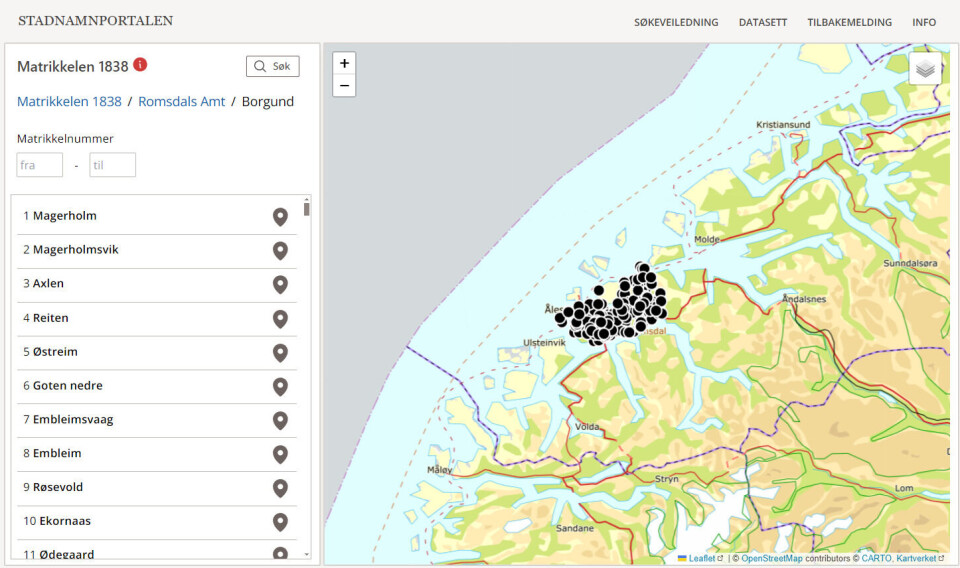 Lenger nede i den hierarkiske visninga har vi lista over gardane i Borgund herad i Romsdal amt i Matrikkelen av 1838. Kartvisninga til høgre viser namnelokalitetane si plassering.