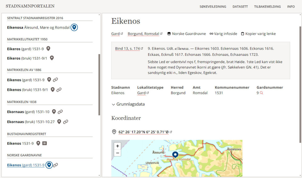 Døme på eit oppslag i Norske Gaardnavne – her blir artikkelen for stadnamnoppslaget for 'Eikenos' vist, med matrikkelnummer, uttale, kjeldeformer og tolking. Datasettet sine metadata ser ein under oppslaget og nedst ser ein namnelokaliteten si plassering.