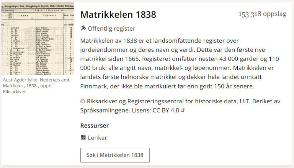 Informasjon om Matrikkelen av 1838 under fana 'Datasett'. Under denne fana kan ein lese om dei einskilde datasetta, tilblivinga deira, geografisk utstrekning og modifikasjon – og ikkje minst under kva vilkår ein kan bruke data frå datasettet.