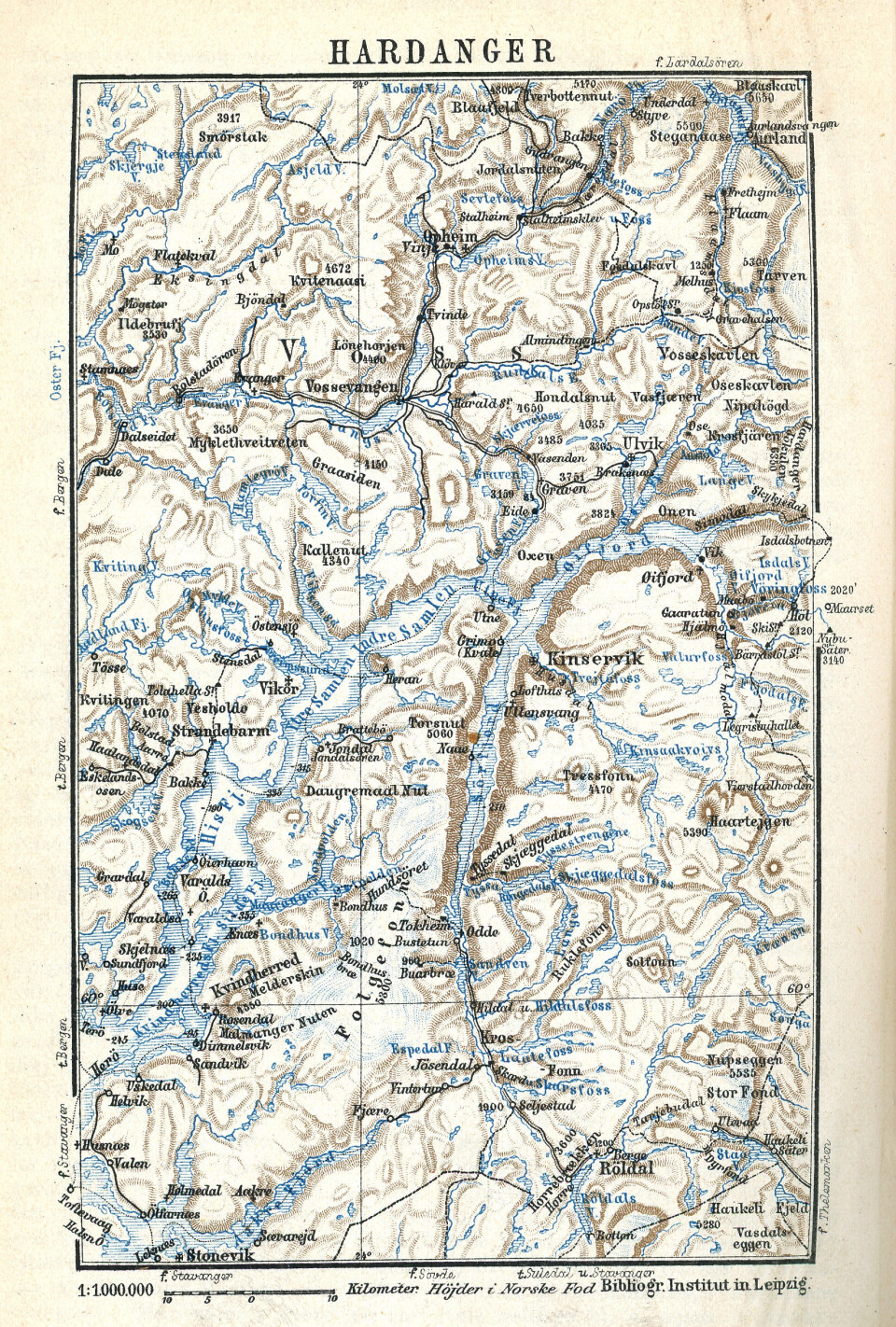 Kart over Hardanger, frå «Reisehaandbog over Norge» av Yngvar Nielsen frå 1879.