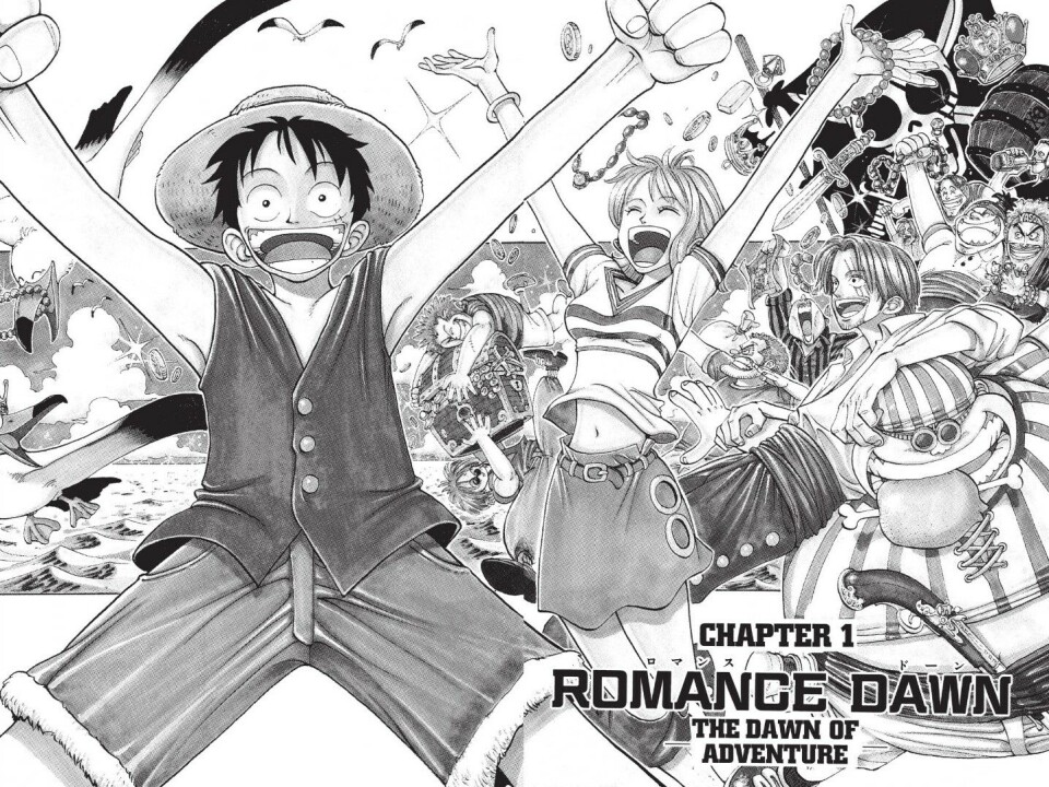 Luffy, også kjent som Stråhatt Luffy, feirer eventyrets daggry i illustrasjonen over fra tegneseriens første utgave, kalt One Piece: Romance Dawn.