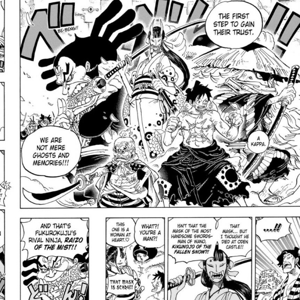 Luffy står sammen med medlemmer av Akazaya Nine, de gjør seg klar til å frigjøre fangene. Kiku har lenge vært under et alias som servitør, men bærer nå sin gjenkjennelige maske.