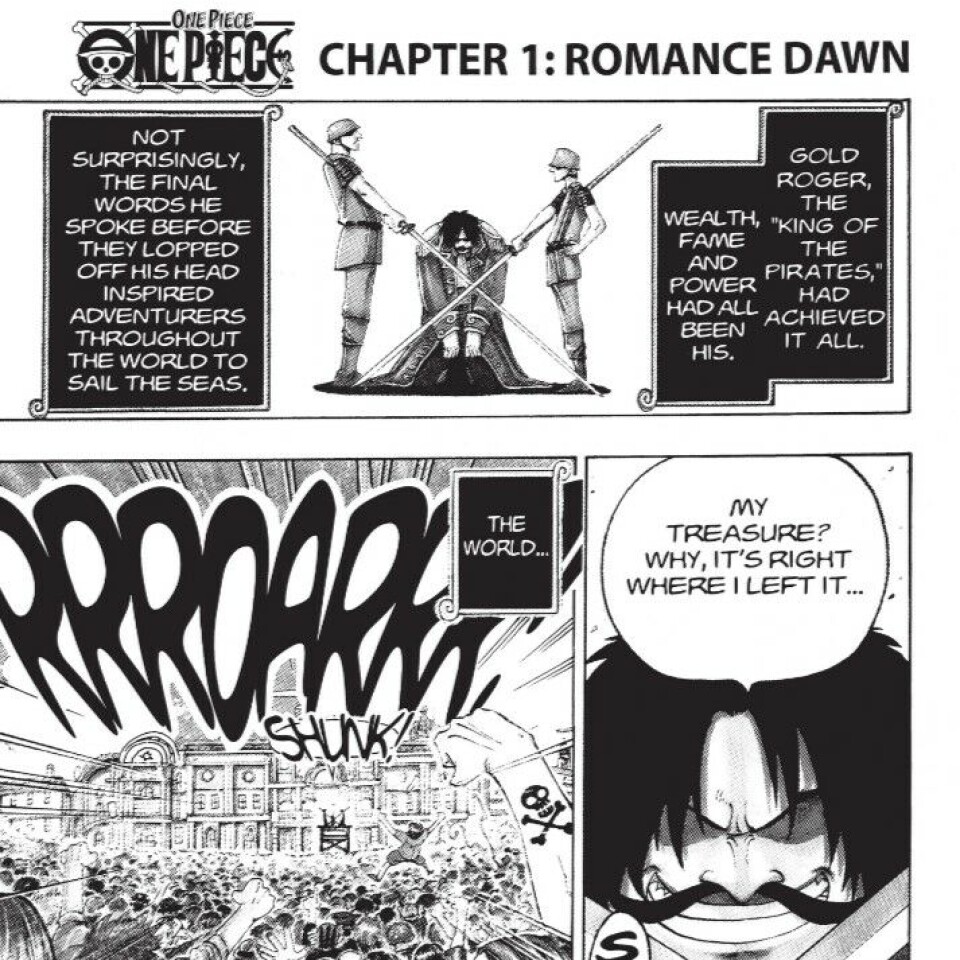 Eiichiro Oda setter tonen for One Piece i de første panelene i tegneserien. Her ser vi piraten Gol D. Rogers henrettelse.