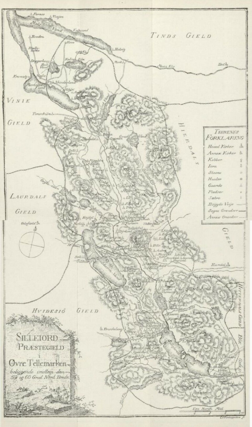 Kort fra Hans Jacob Wille: Beskrivelse over Sillejords Præstegjæld i Øvre-Tellemarken i Norge, 1786.