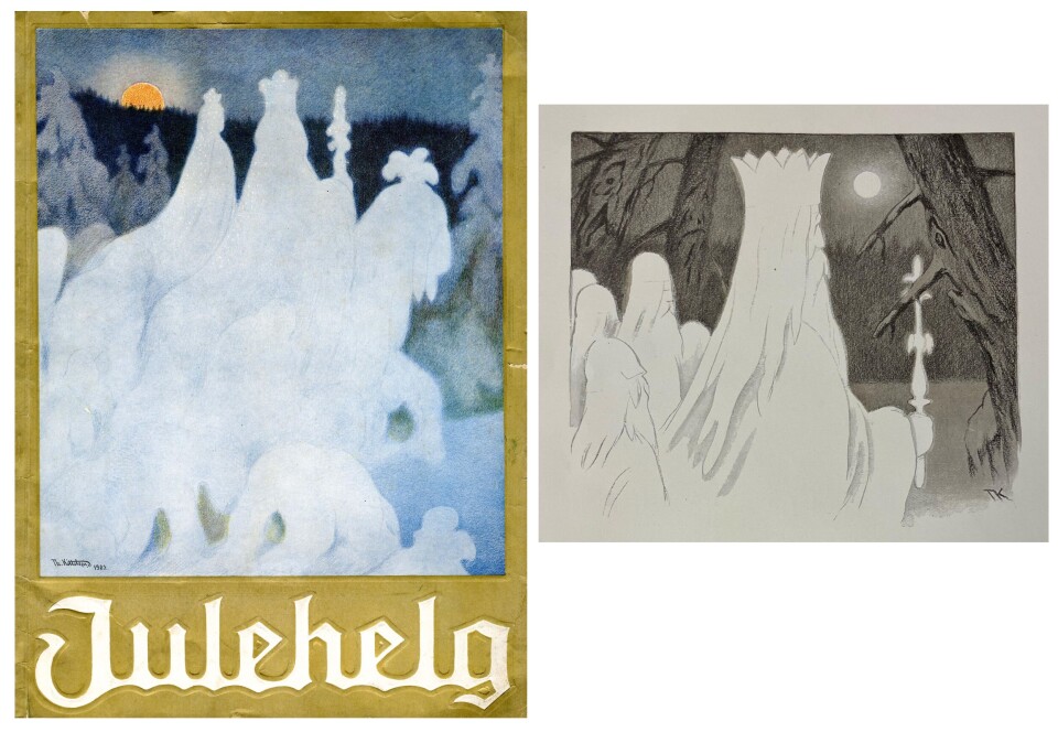 Forfatterforeningens julehefte Julehelg fra 1928. Vignett fra Vintereventyr av Theodor Caspari, 1921.
