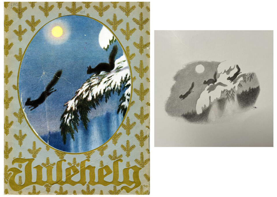 Forfatterforeningens julehefte Julehelg fra 1919. Vignett fra Vintereventyr av Theodor Caspari, 1921.