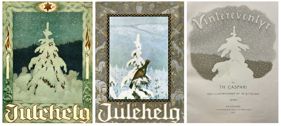 Forfatterforeningens julehefte Julehelg fra 1914 og 1925. Tittelblad fra Vintereventyr av Theodor Caspari, 1921.