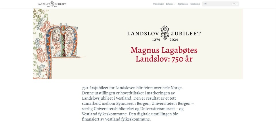 Forsiden i den digitale utstillingen for Landslovjubileet.