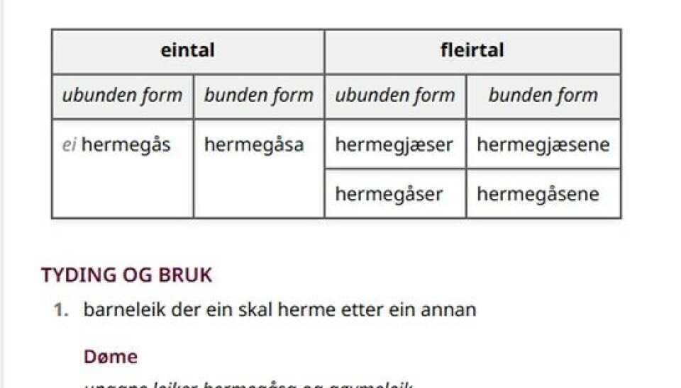 Bøyingstabell frå Nynorskordboka.