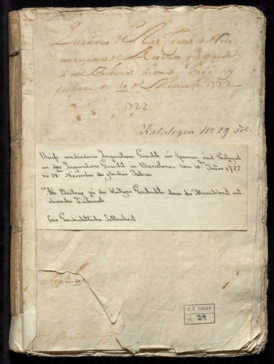 Et lite ark på første siden av manuskriptet, håndskrevet på tysk, åpner veien til historien av hvordan ubb-ms-0029 kom til Bergen.