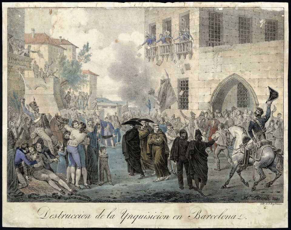 'Angrep på Inkvisisjons palasset i Barcelona', 1820. Gravert av Hippolyte Lecomte. Original i Barcelonas Historisk Arkiv.