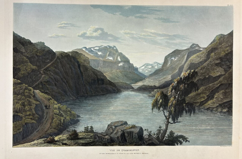 Kvamskleiv, Valdres, Handkolorert kobberstikk frå Wilhelm M. Carpelans «Voyage pittoresque aux alpes norvégiennes» Kvamskleiv, Valdres, Handkolorert kobberstikk frå Wilhelm M. Carpelans «Voyage pittoresque aux alpes norvégiennes»