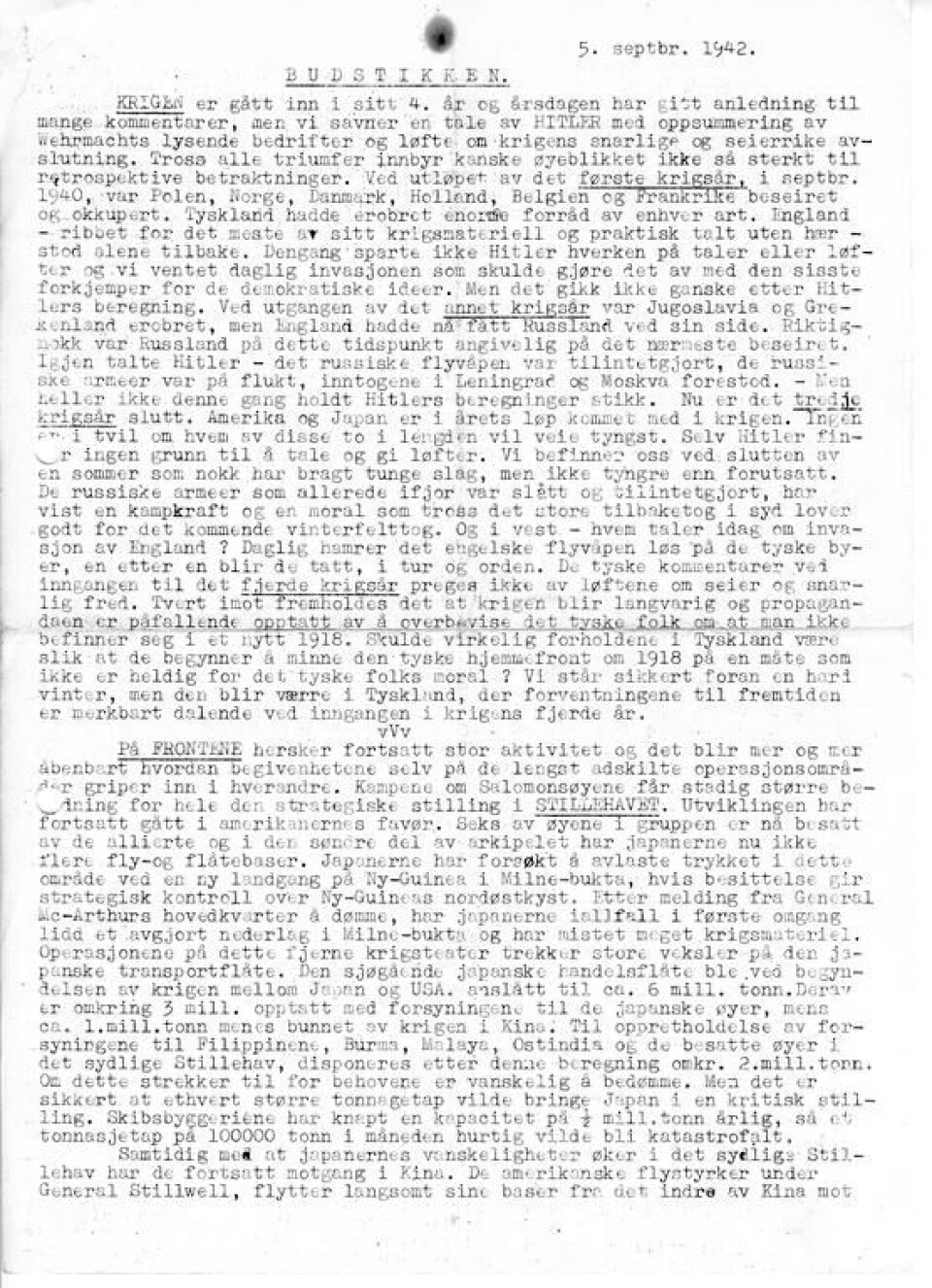 Utsnitt av den illegale avisen Budstikken, 5. september 1942.