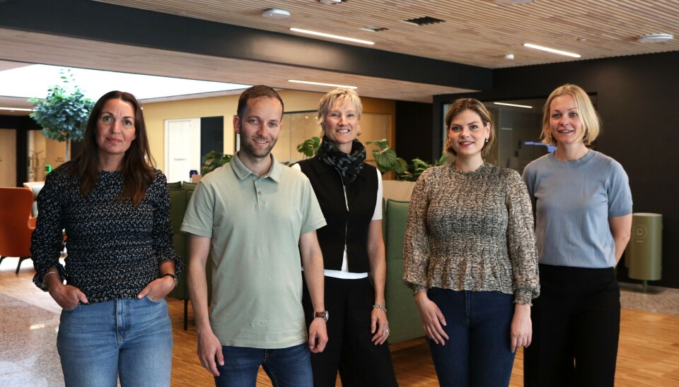 Dette er team for fakultetsstøtte ved Kommunikasjonsavdelingen. F.v.: Janne-Beate Buanes Duke, Paul André Sommerfeldt, Margareth Barndon, Amanda Schei og Kristine Gabrielsen. Fem personer som ser ut som kommunikasjonsansatte poserer inne i NG5