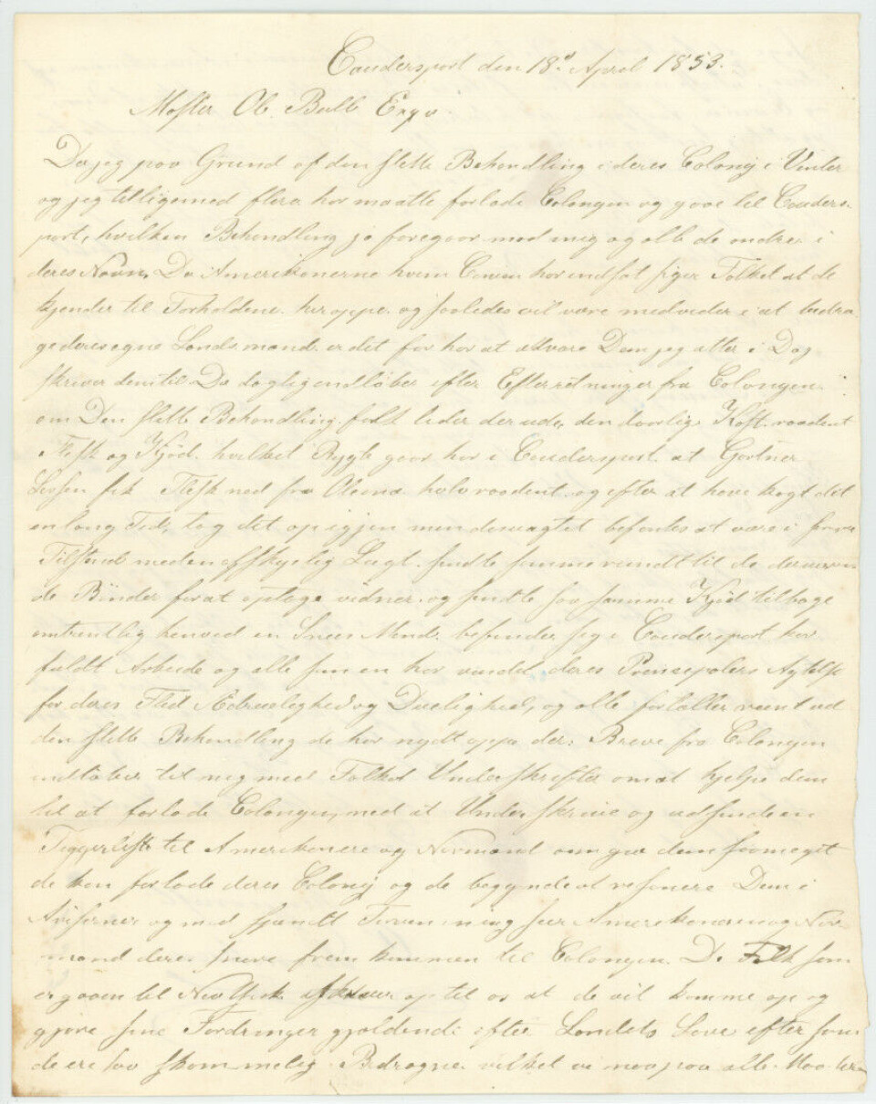 Brevet fra 1853 der Sønniksen klaget over forholdene i Oleana.