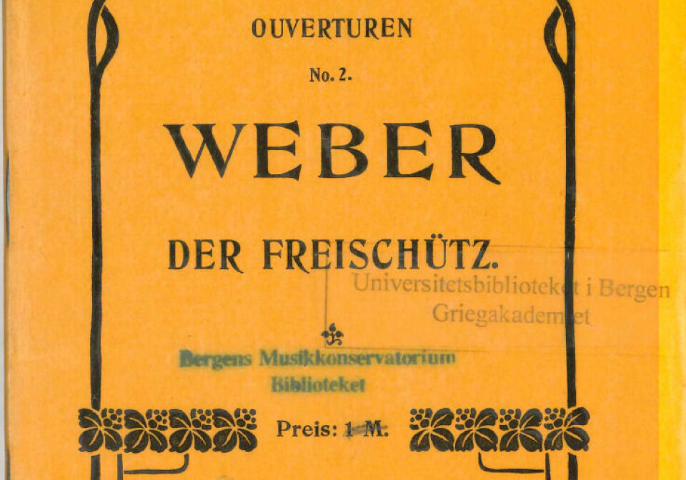 Opera-overtyrer var populære åpningsnumre på Musikkselskapet Harmoniens konserter, slik som Carl Maria von Webers Der Freischütz. Dette eksemplaret fra musikksamlingen er et studiepartitur.