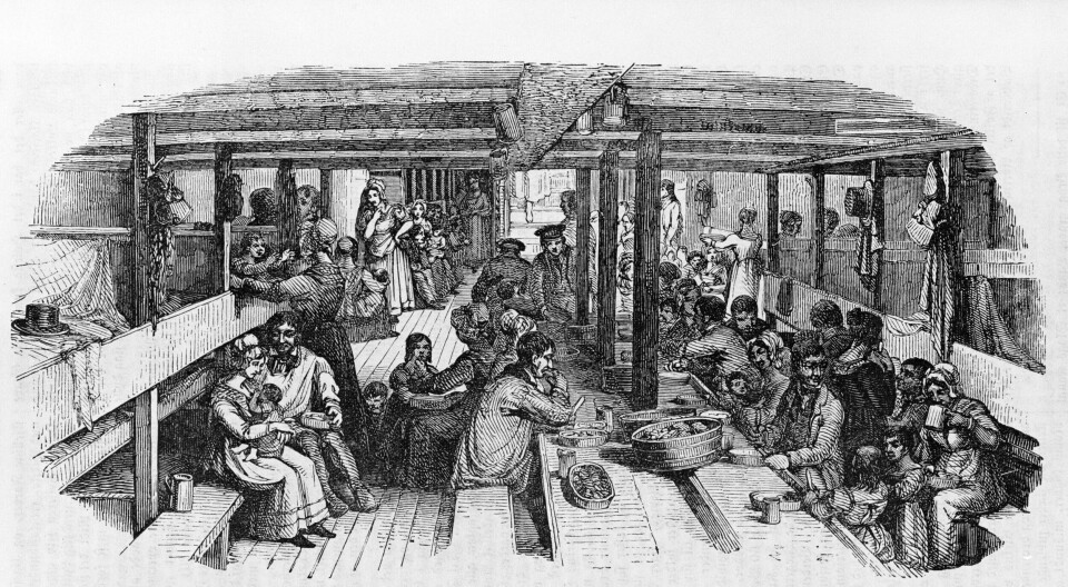 Slik kunne det se ut på mellomdekket på et emigrantskip. Illustrasjon fra Skillings-Magazin 1853 (ubb-bs-ok-14037).