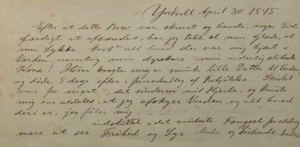 Utsnit fra brevet 30. april 1845. Ms 1924 g.