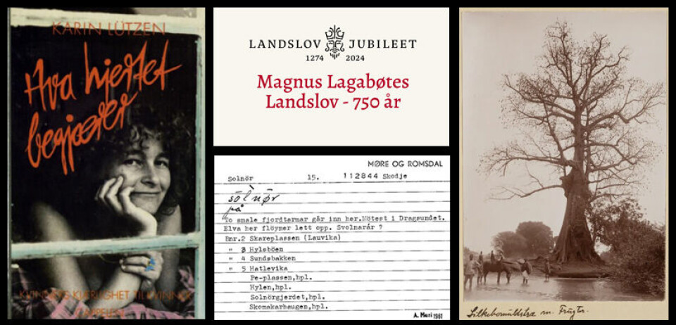 Venstre: Forsiden av boken 'Hva hjertet begjærer' av Karin Lützen. Skeivt Arkiv. Midten øverst: Nettutstilling om Magnus Lagabøtes Landslov, landslovjubileet.uib.no), Manuskript- og librarsamlingen. Midten nederst: Setel frå 1961 med uttale på Solnør fra Språksamlinganes digitale arkiv, Språksamlingane. Høyre: Albumside med foto tatt av August Brinkmann, Billedsamlingen. Universitetsbiblioteket i Bergen.