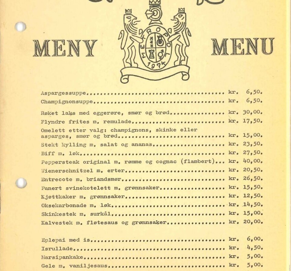 Menyen på Metropol da de åpnet i 1974.