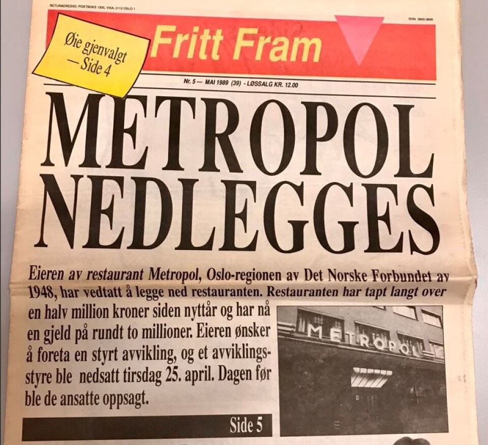 Krigstyper og hovedoppslag i DNF-48 sin avis Fritt Fram om at Metropol legges ned.